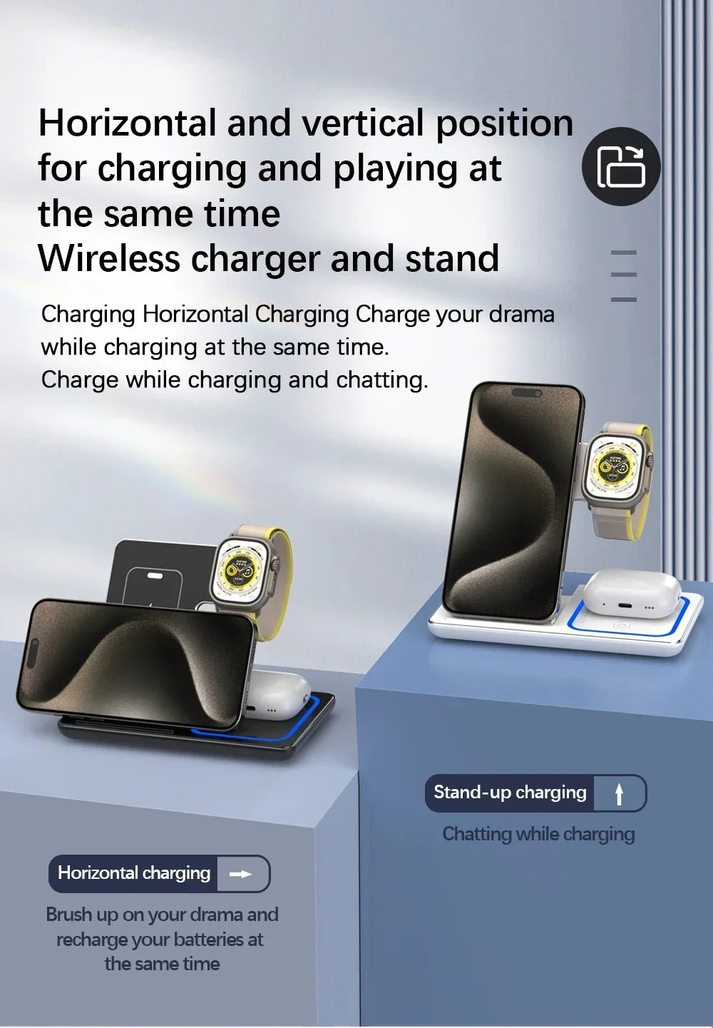 100W 3 in 1 Wireless Charger Holder for Iphone 16 15 14 13 12 Apple Watch S10/9/8 Airpods 4 Pro 2 Foldable Fast Charging Station