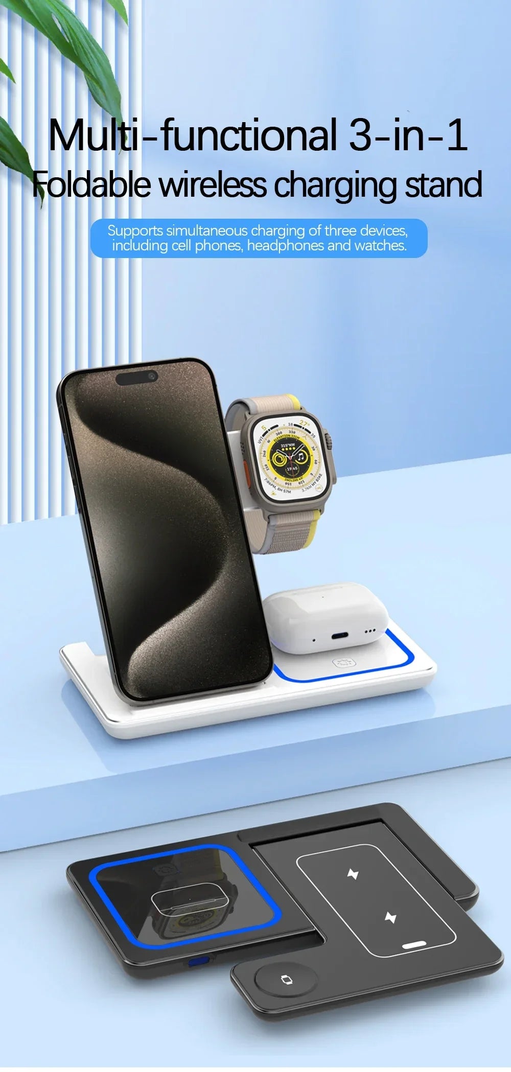 100W 3 in 1 Wireless Charger Holder for Iphone 16 15 14 13 12 Apple Watch S10/9/8 Airpods 4 Pro 2 Foldable Fast Charging Station